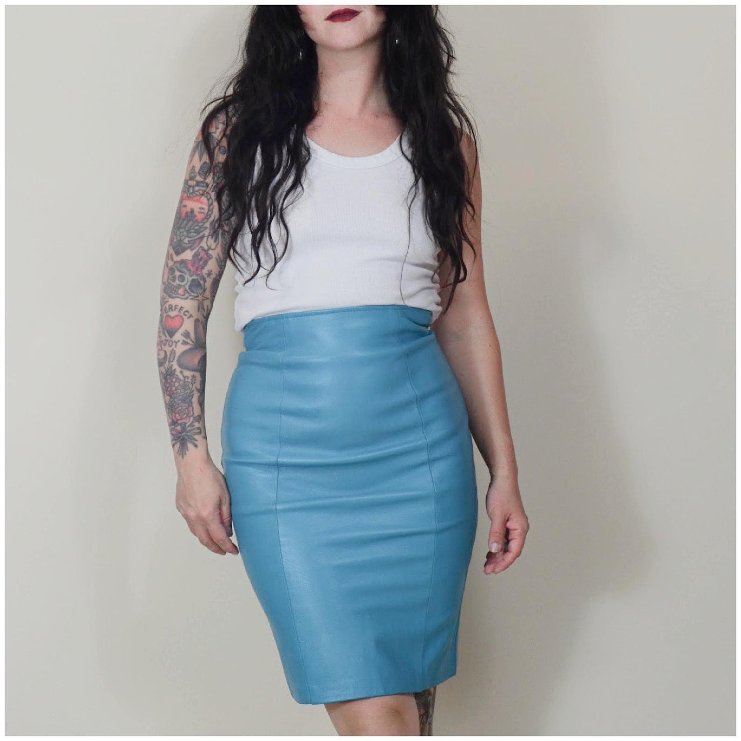 24 waist Fitted Leather Skirt Vintage 90s Coloured Leather Tight Leather Mini Skirt