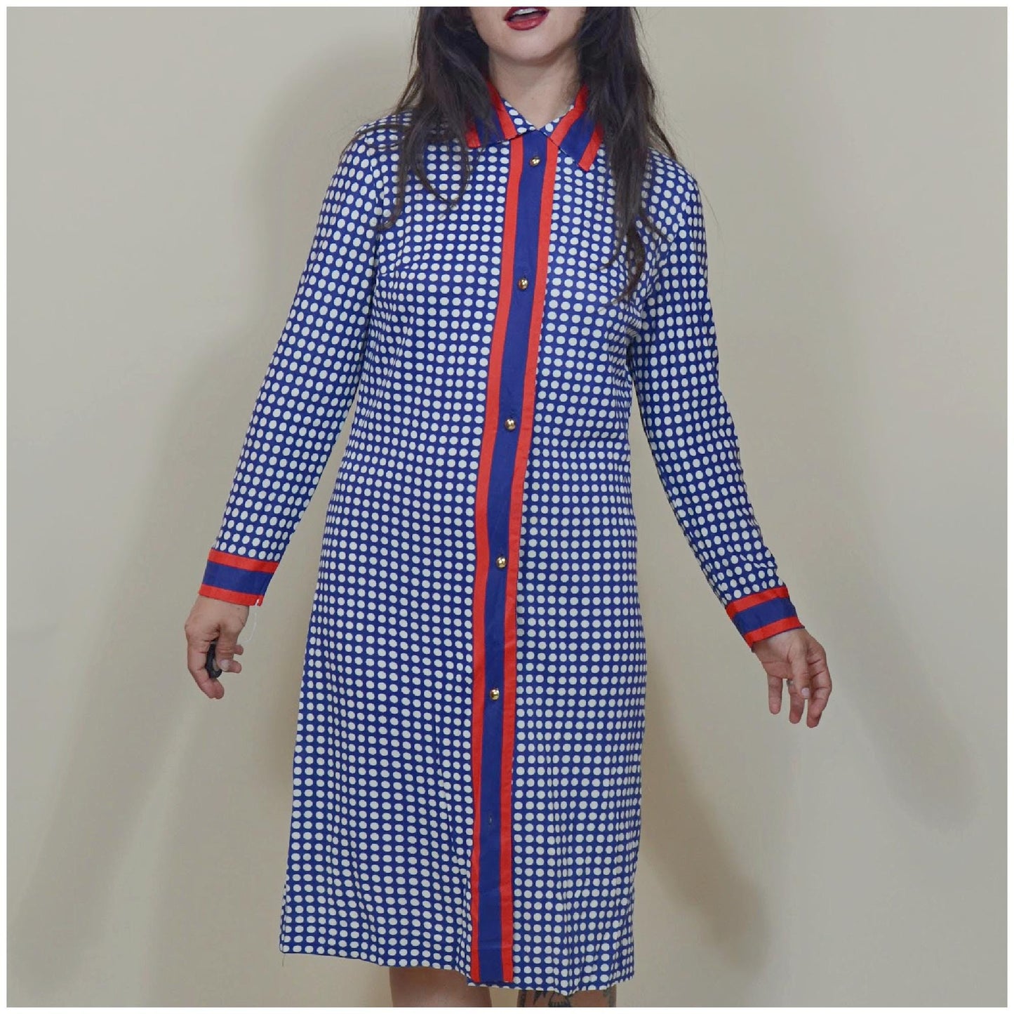 medium 1960s Vintage Shift Dress 60s Button Down Blue and Red Midi Dress POLKA DOT