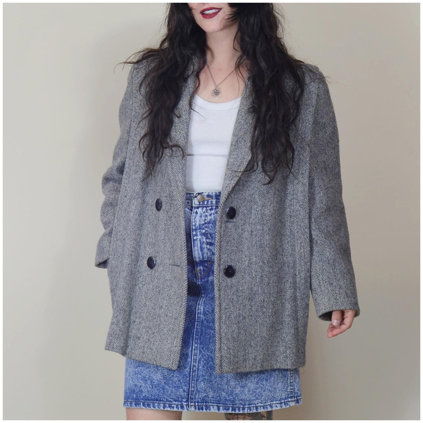 MEDIUM 1980s Grey Cropped Boxy Tweed Jacket 80s Herman Kay