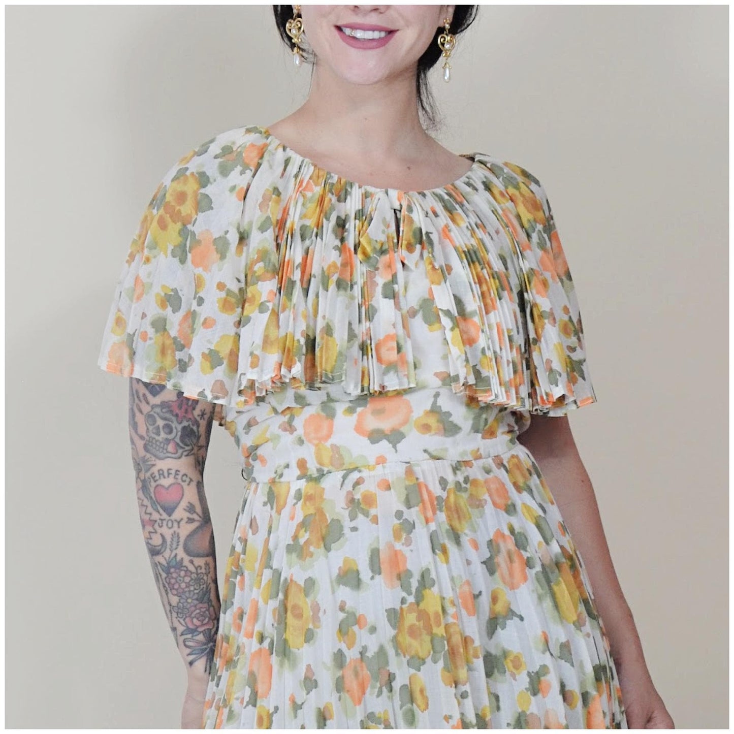 28 waist VINTAGE 1970s Pleated Floral Dress Autumn Fall Colours
