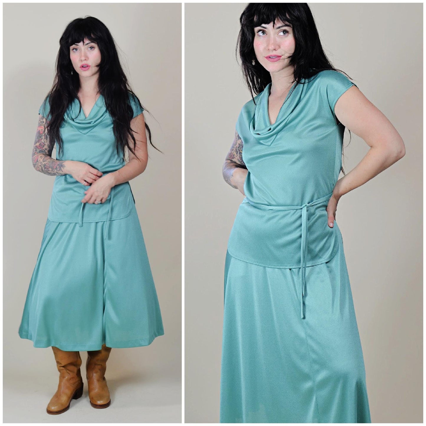 30 waist VINTAGE 1970s Two Piece Set Silky Disco Top and Skirt A Line Dress
