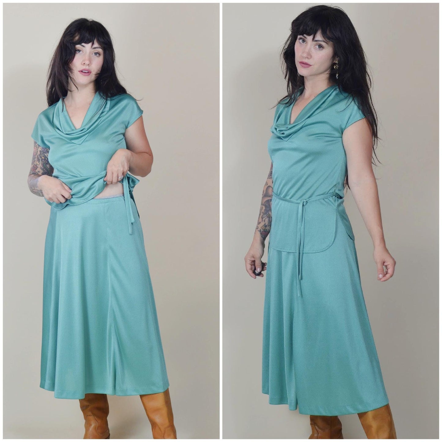 30 waist VINTAGE 1970s Two Piece Set Silky Disco Top and Skirt A Line Dress