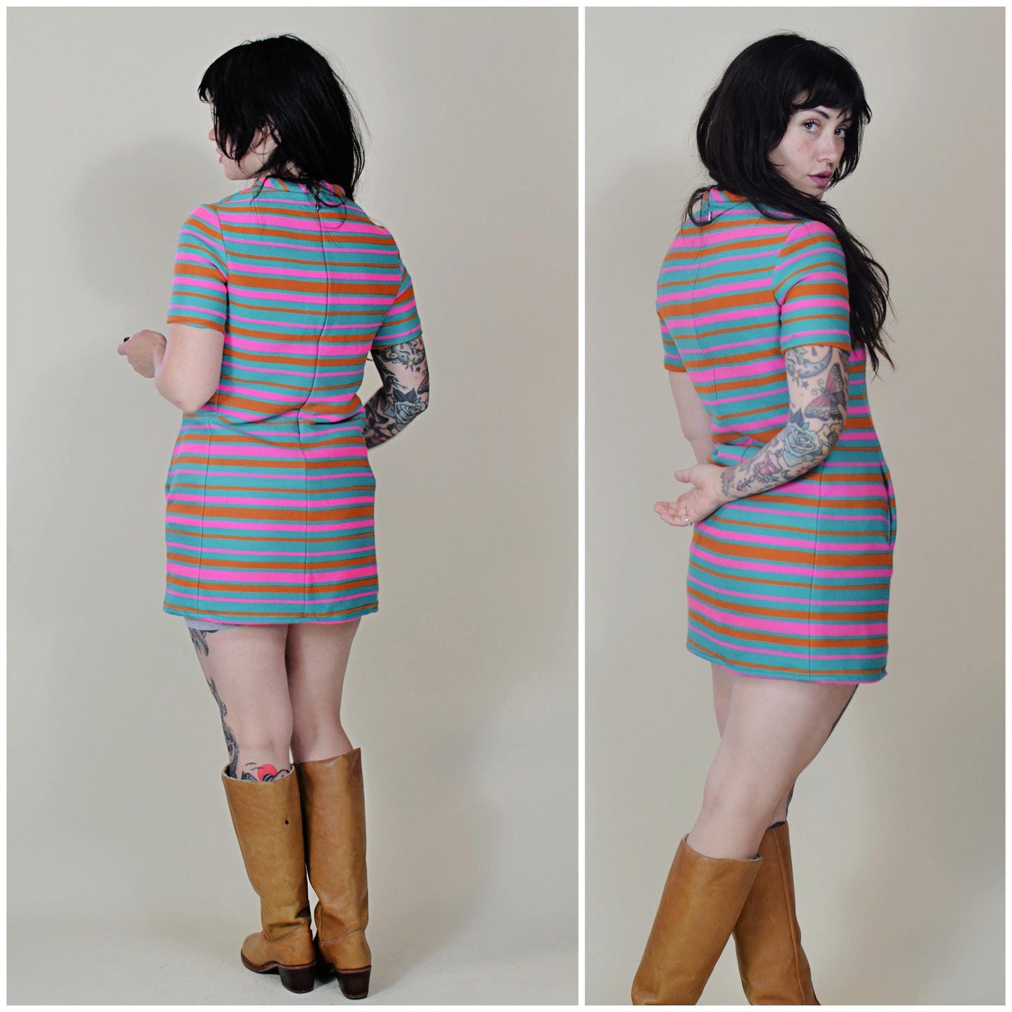 Petite xs 1960s Vintage Mod Mini Dress Wool Bright Colored Stripe micro dress