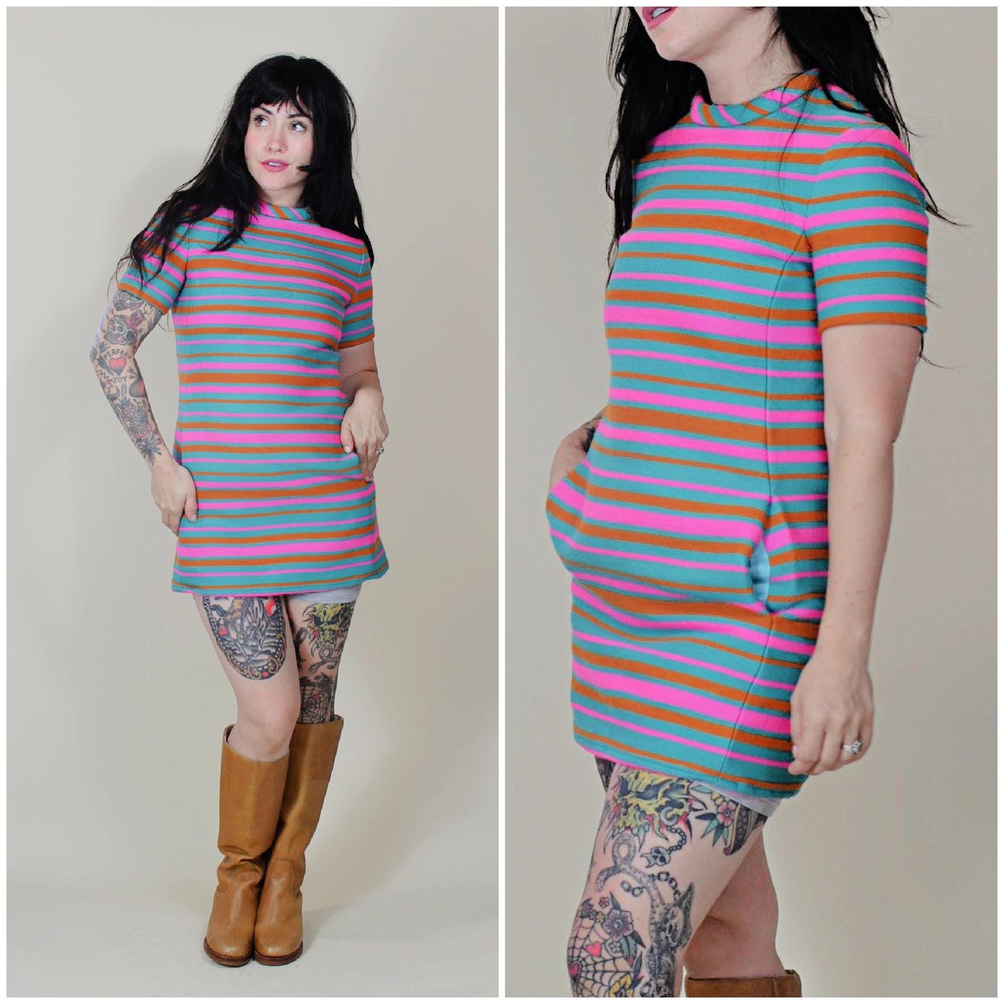 Petite xs 1960s Vintage Mod Mini Dress Wool Bright Colored Stripe micro dress