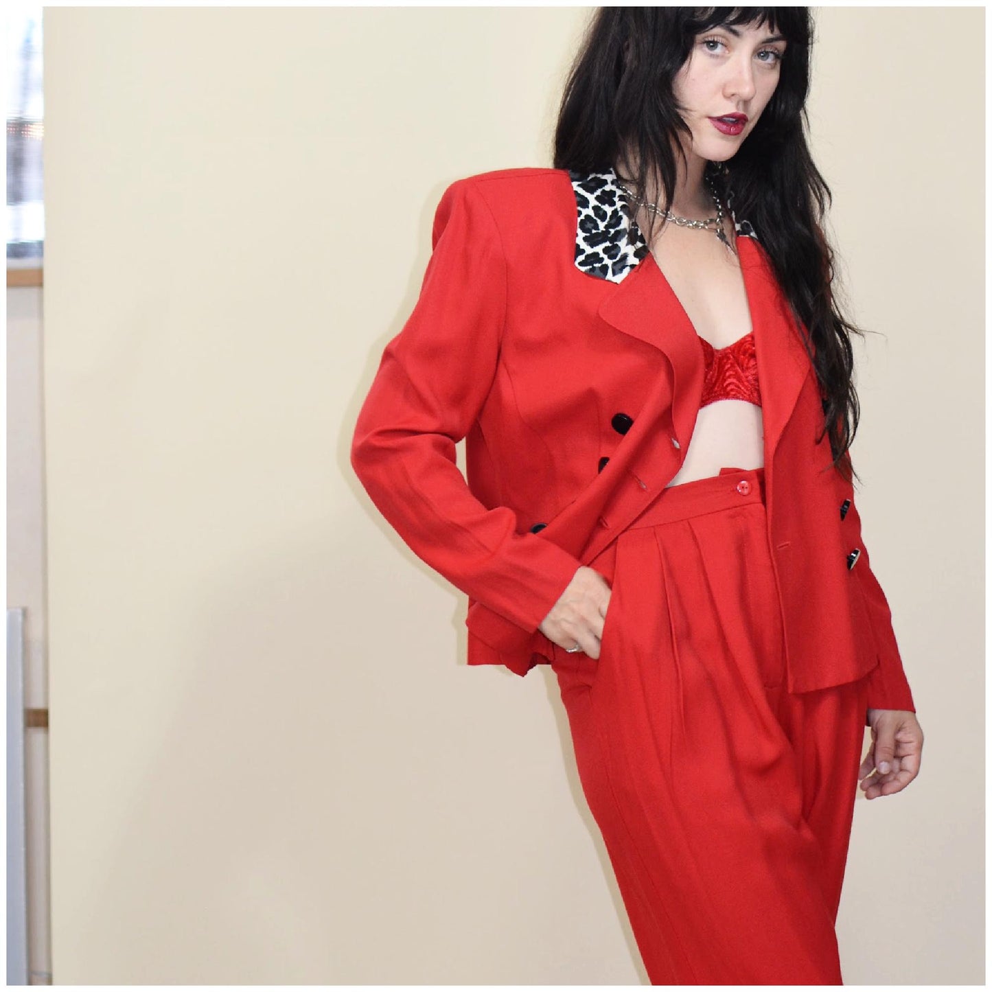 medium - 1990s Two Piece Suit Vintage Red and Leopard VTG 90s