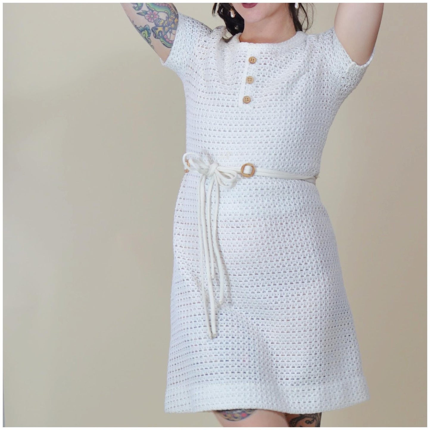 small 1960s Crochet White Shift Dress Vintage Open Weave Mini