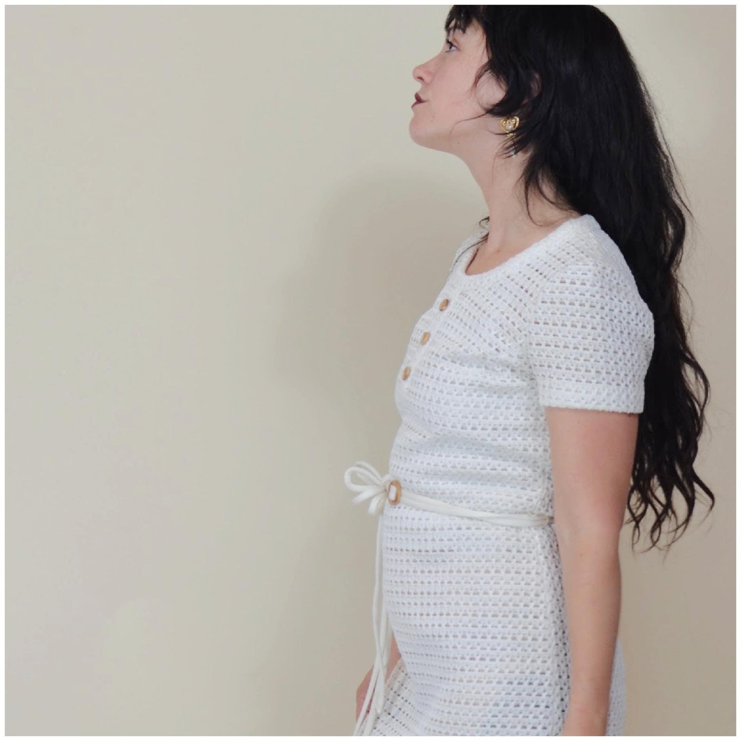 small 1960s Crochet White Shift Dress Vintage Open Weave Mini