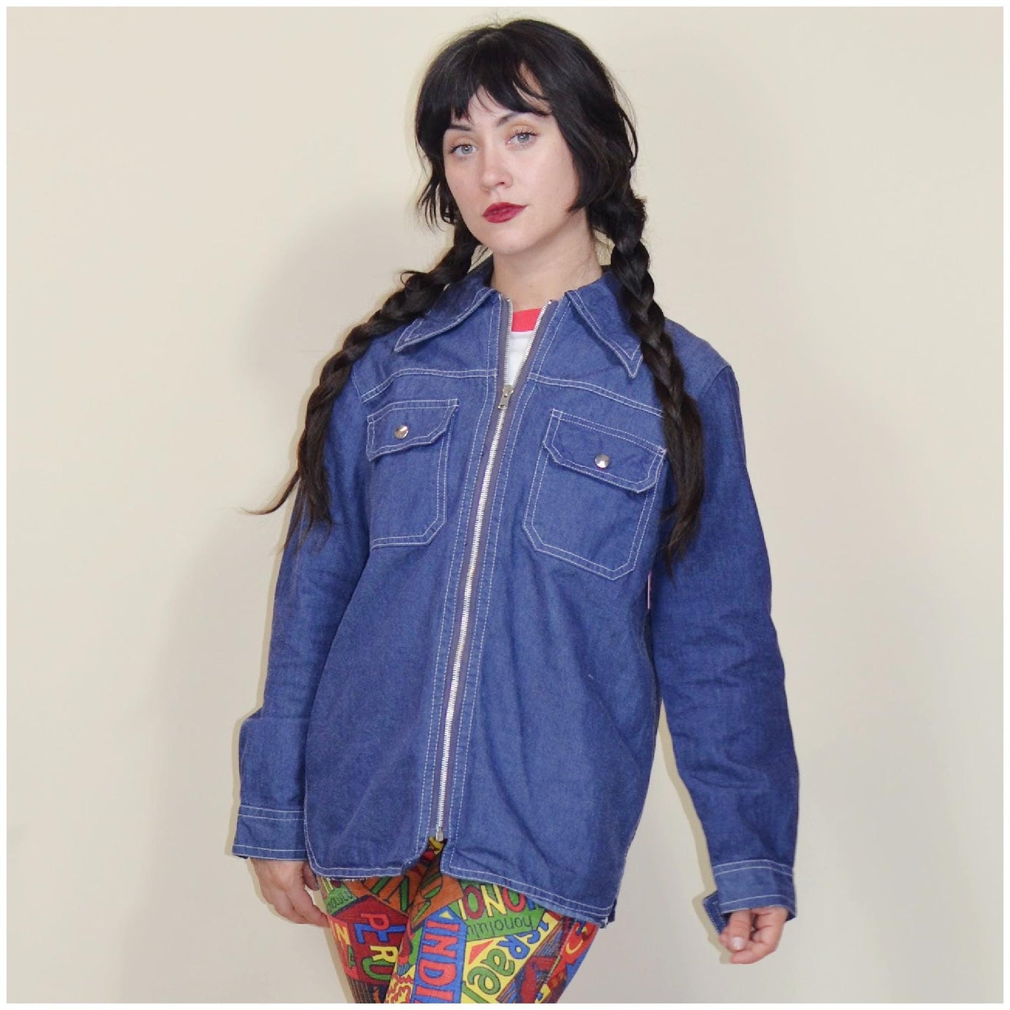 medium 1960s Blue Denim Chore Coat Jean Jacket Vtg 60s Jean Jacket Zipper Front