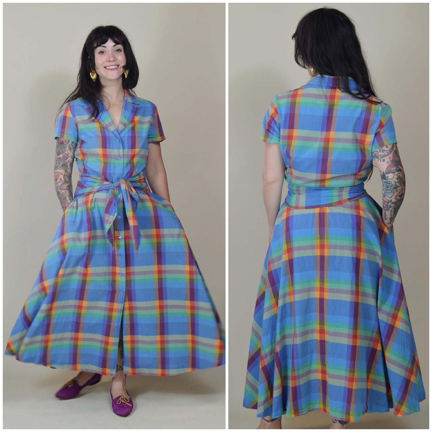 medium - 1990s COTTON Plaid Button Down Dress Wide Belt Full Skirt 90s Sundress
