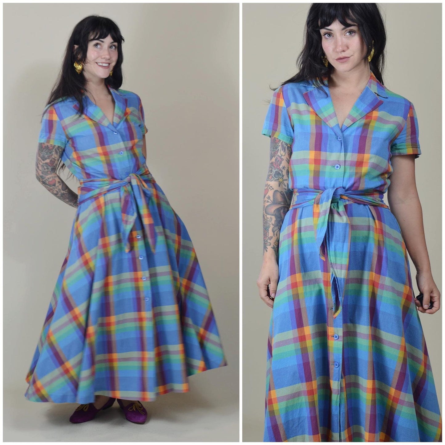 medium - 1990s COTTON Plaid Button Down Dress Wide Belt Full Skirt 90s Sundress