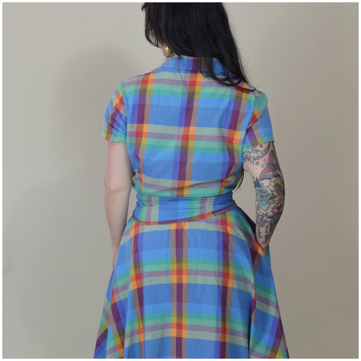 medium - 1990s COTTON Plaid Button Down Dress Wide Belt Full Skirt 90s Sundress