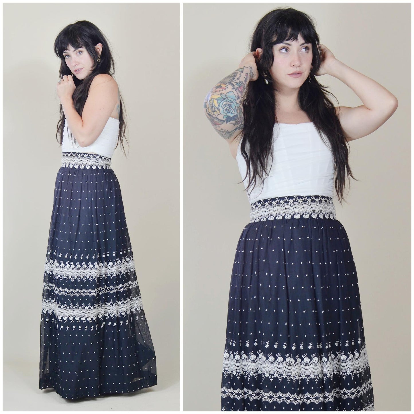28 waist 1970s BILL TICE Vintage Maxi Skirt 70s Vintage Embroidered Full Skirt