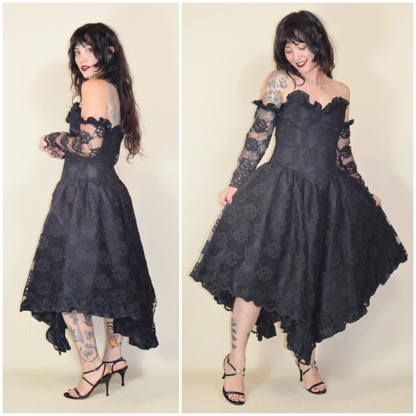 xs NEW LEAF 1980s Gothic Strapless Dress vintage goth 80s lace with gloves