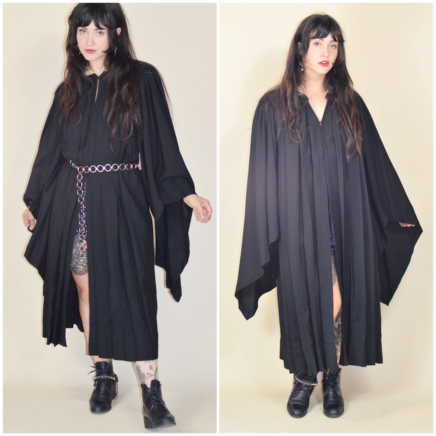 1930s Black Wool Cloak 1936 Catholic College Pleated Gothic Angel Sleeve Graduation Gown