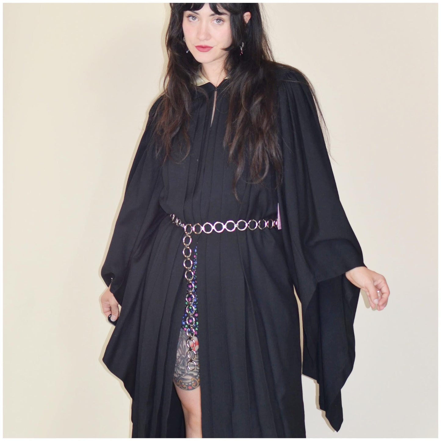 1930s Black Wool Cloak 1936 Catholic College Pleated Gothic Angel Sleeve Graduation Gown