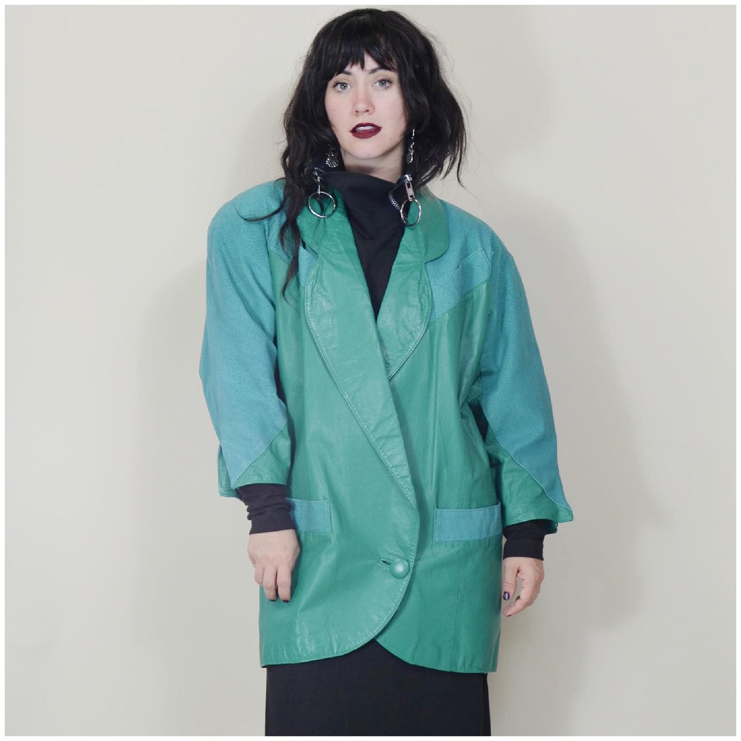 large 1980s Teal Leather Jacket Vintage Batwing 80s Avant Garde Oversized Coat