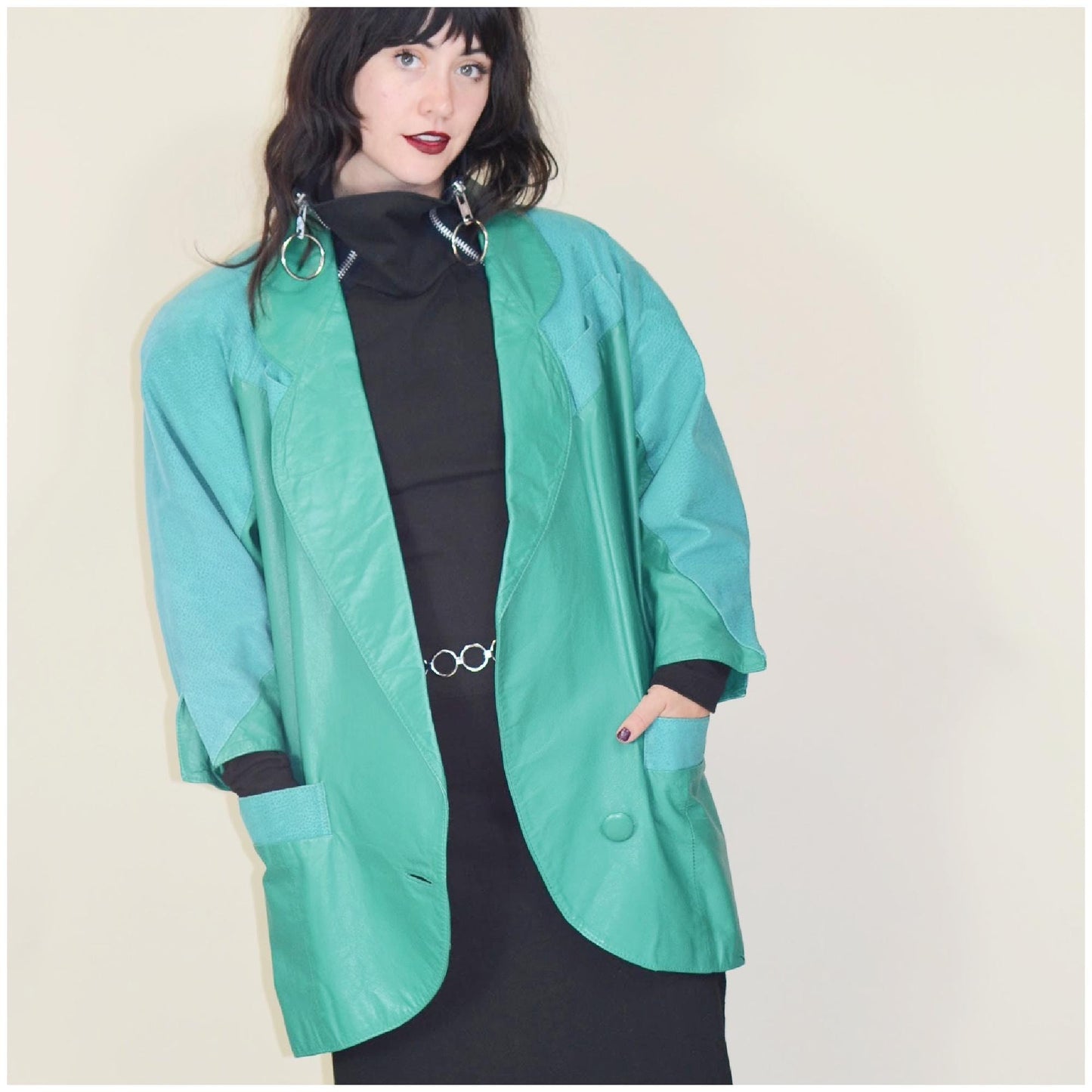 large 1980s Teal Leather Jacket Vintage Batwing 80s Avant Garde Oversized Coat