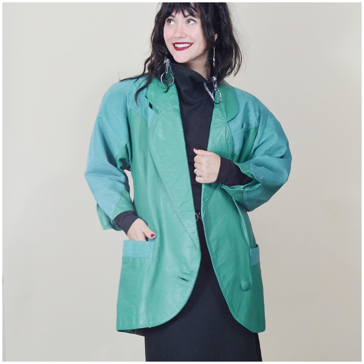 large 1980s Teal Leather Jacket Vintage Batwing 80s Avant Garde Oversized Coat