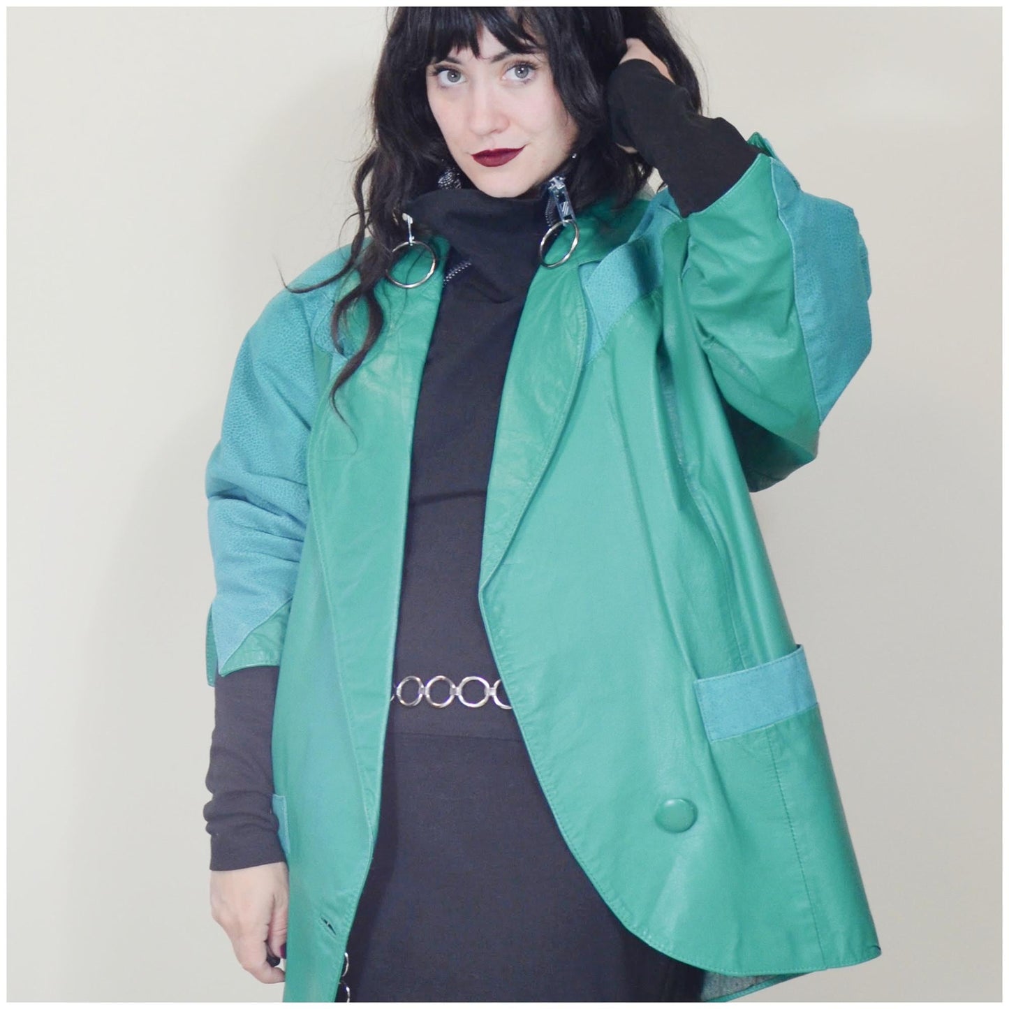 large 1980s Teal Leather Jacket Vintage Batwing 80s Avant Garde Oversized Coat