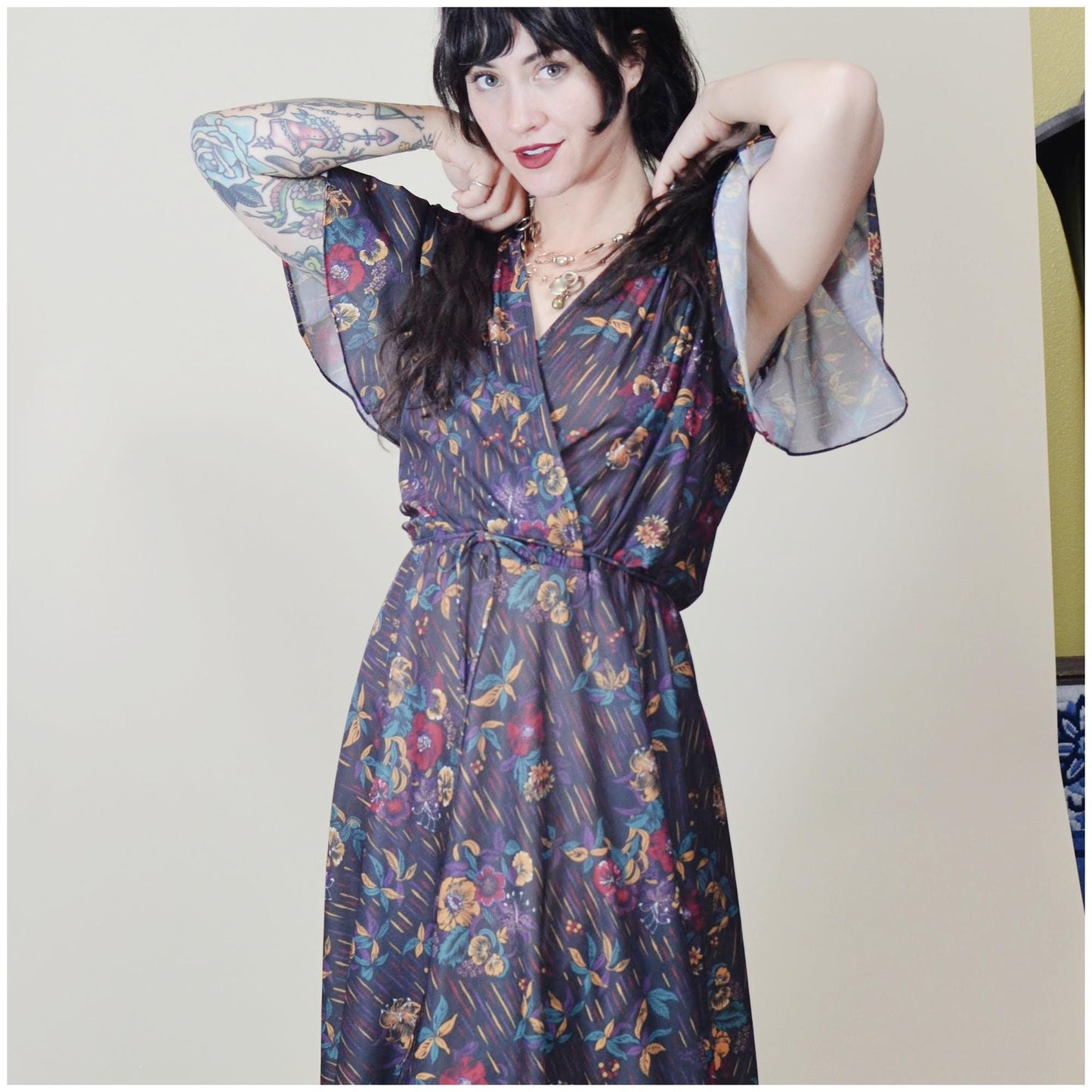 Medium - 1970s Fall Floral Midi Dress Vintage Flutter Sleeve Semi Sheer Dress