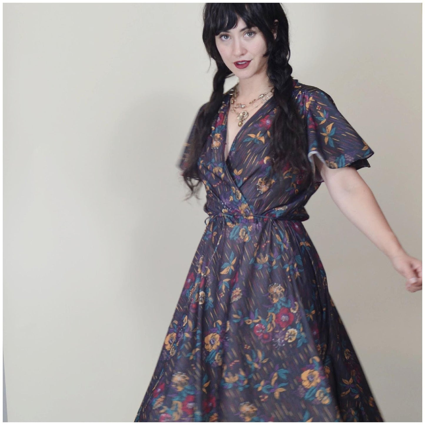 Medium - 1970s Fall Floral Midi Dress Vintage Flutter Sleeve Semi Sheer Dress