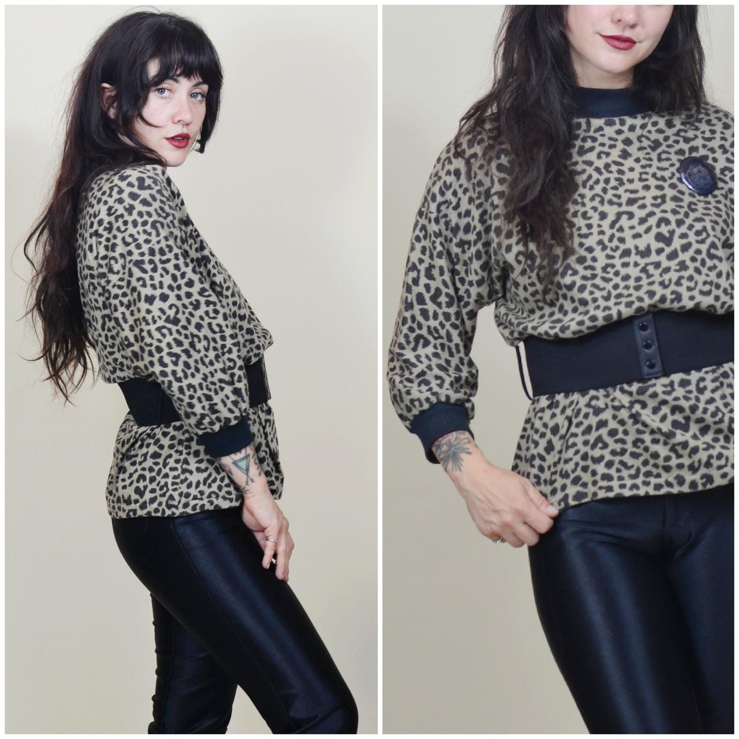 S-M 1980s Leopard Print 80s Vintage Rocker Tee Belted 80s Blouse