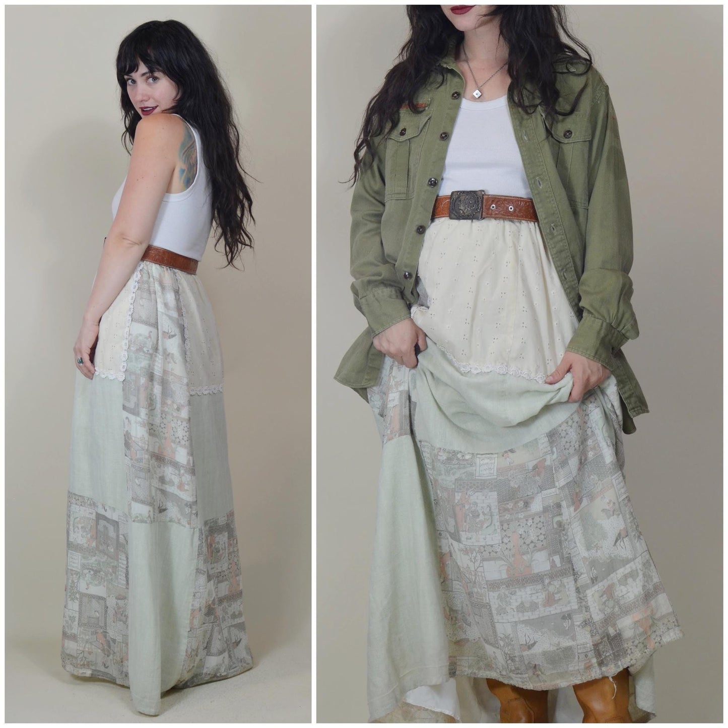 M-L 1970s Hippie Patchwork Skirt Vintage 70s Long Maxi Skirt