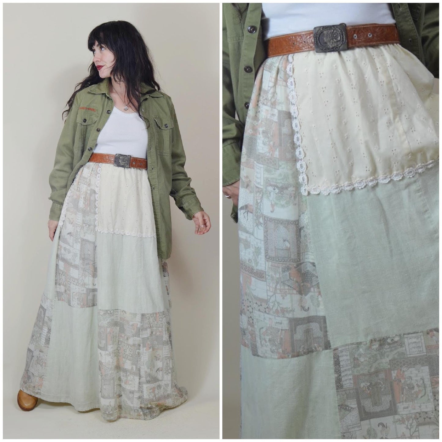 M-L 1970s Hippie Patchwork Skirt Vintage 70s Long Maxi Skirt