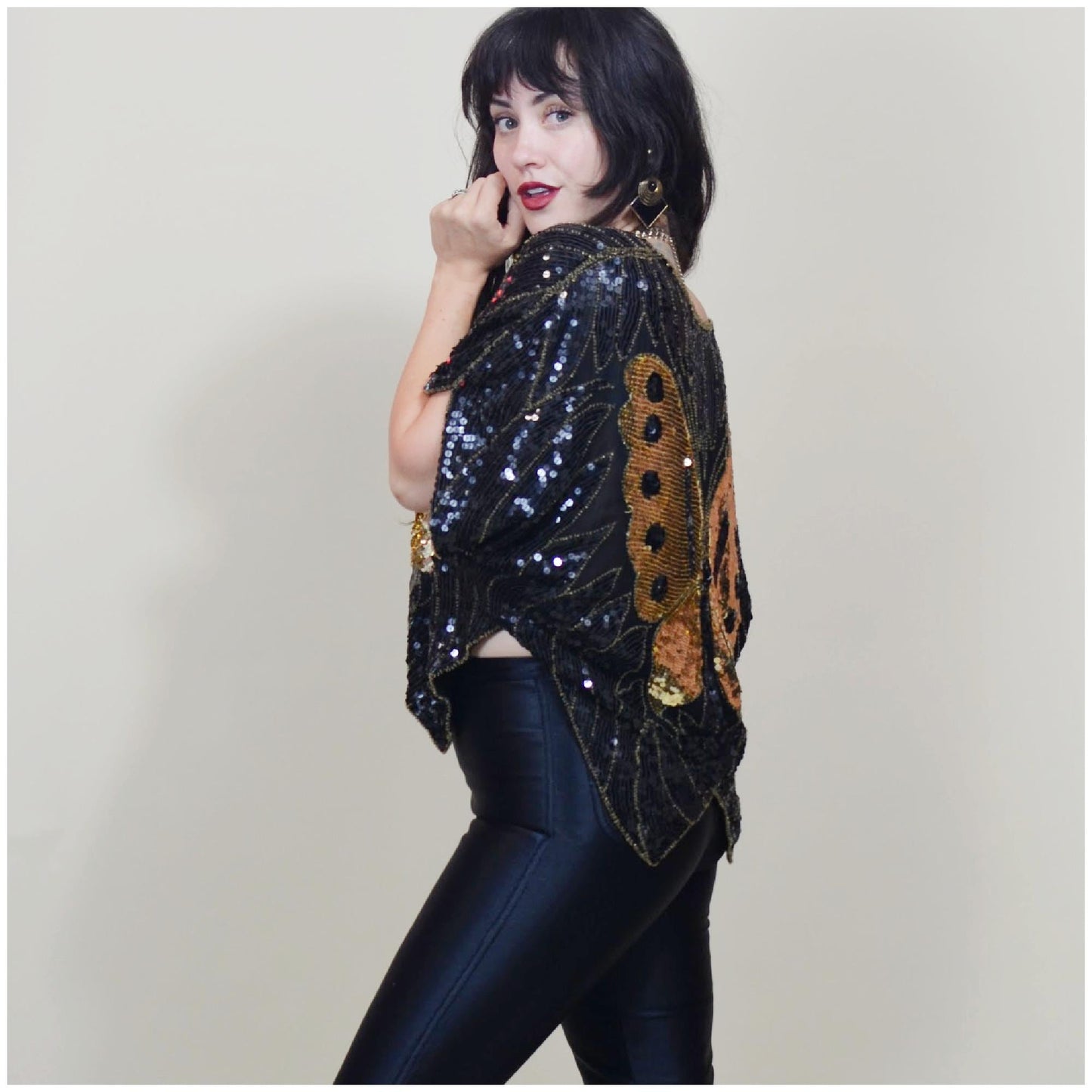 S-M 1970s DISCO Butterfly Blouse Silk Black and Gold Sequin Top Vintage Dancing