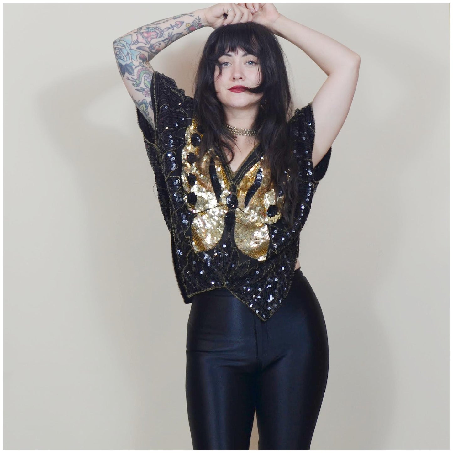 S-M 1970s DISCO Butterfly Blouse Silk Black and Gold Sequin Top Vintage Dancing