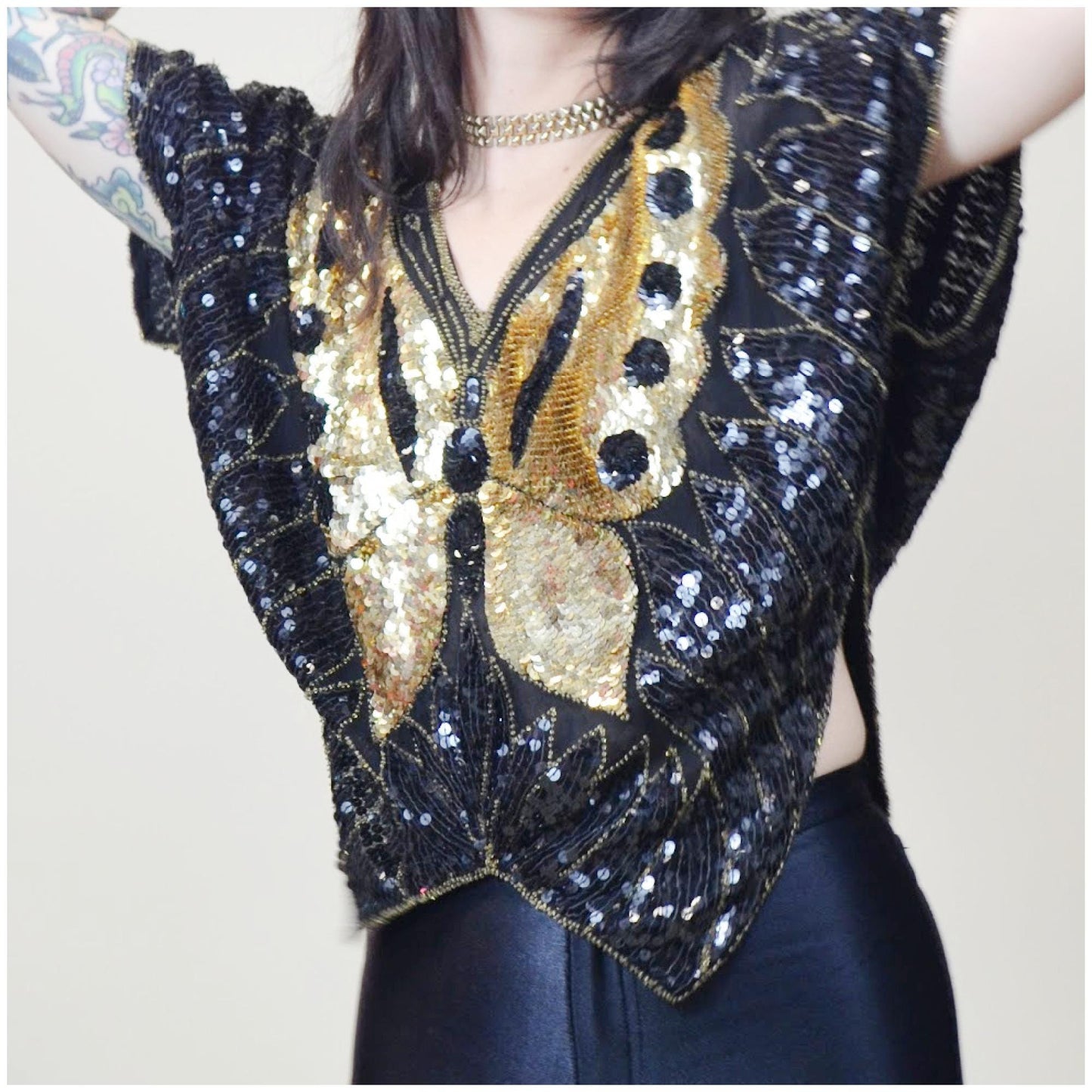 S-M 1970s DISCO Butterfly Blouse Silk Black and Gold Sequin Top Vintage Dancing
