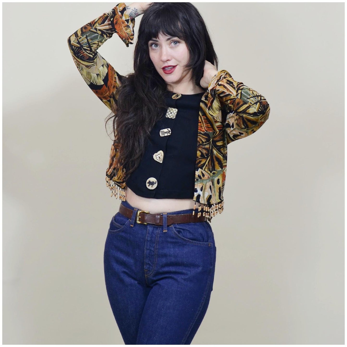 XS - S Vintage PLATINUM Brand Rayon Blouse Jungle Print Fringe Crop Petite Top