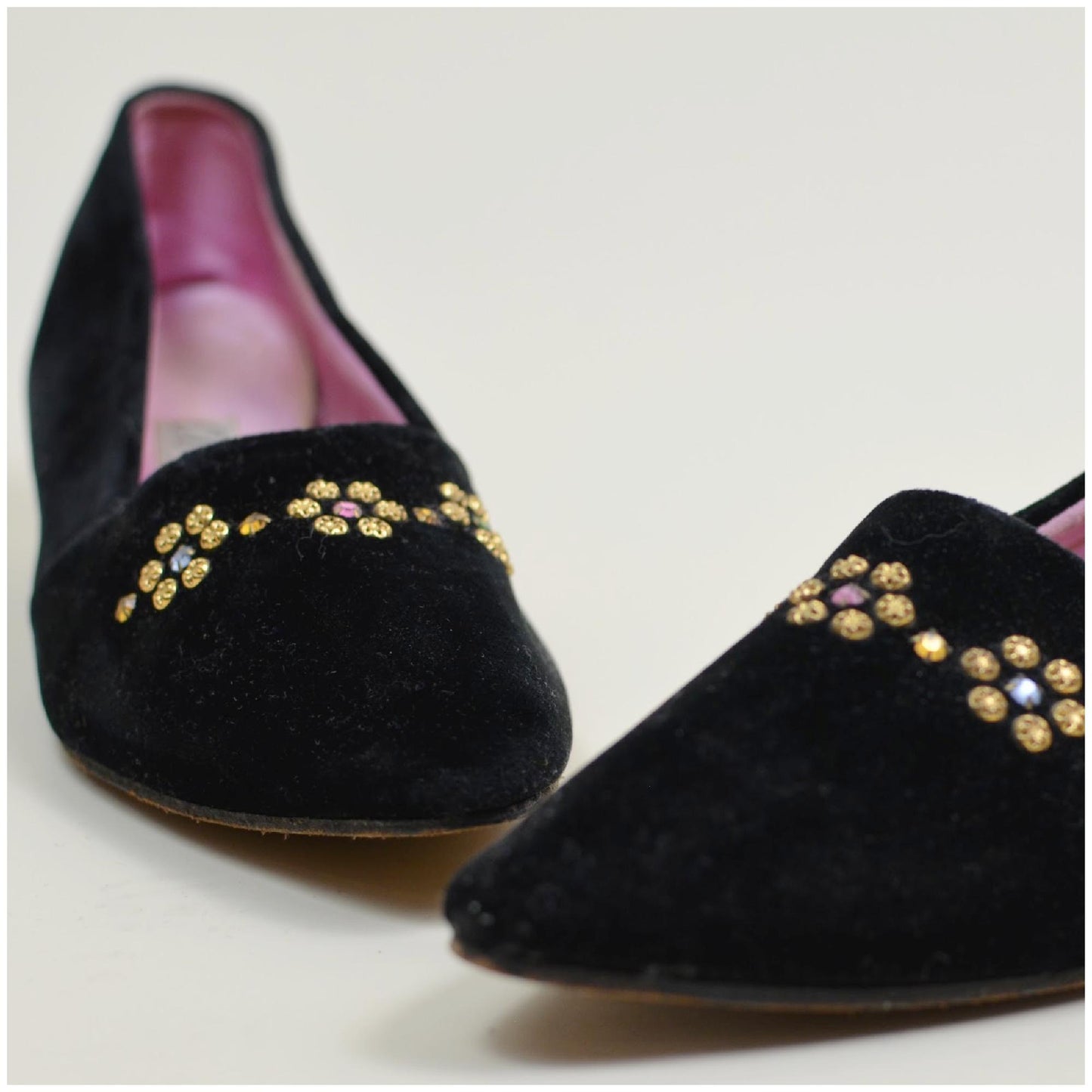 8w Vintage 1940s Velvet Pointed Toe Slippers Vintage Rhinestone Slip on Shoes
