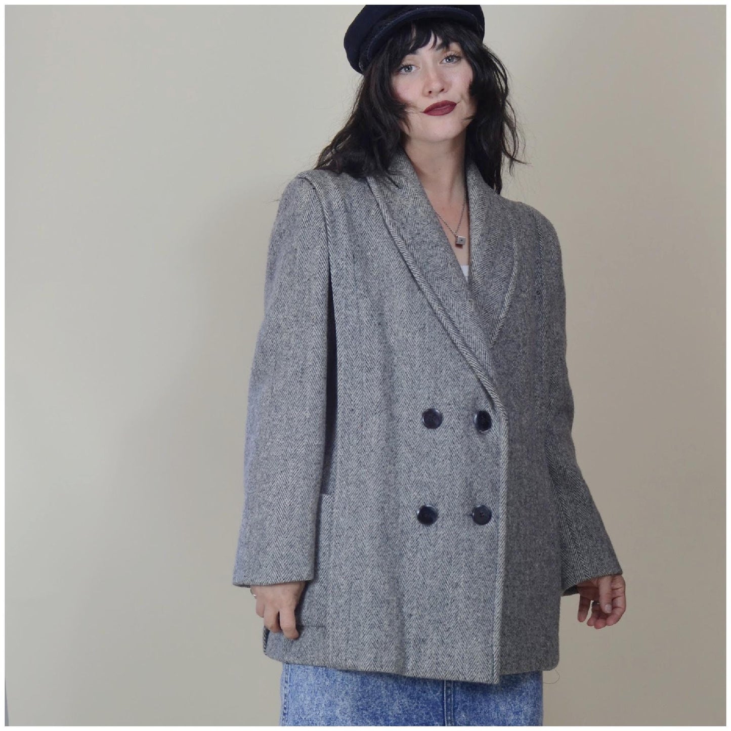 MEDIUM 1980s Grey Cropped Boxy Tweed Jacket 80s Herman Kay