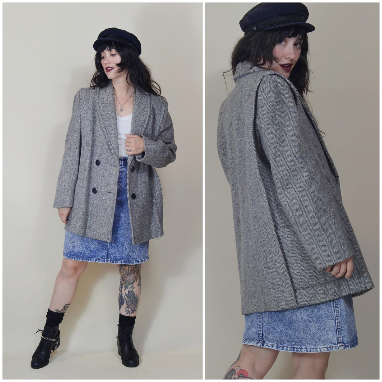 MEDIUM 1980s Grey Cropped Boxy Tweed Jacket 80s Herman Kay