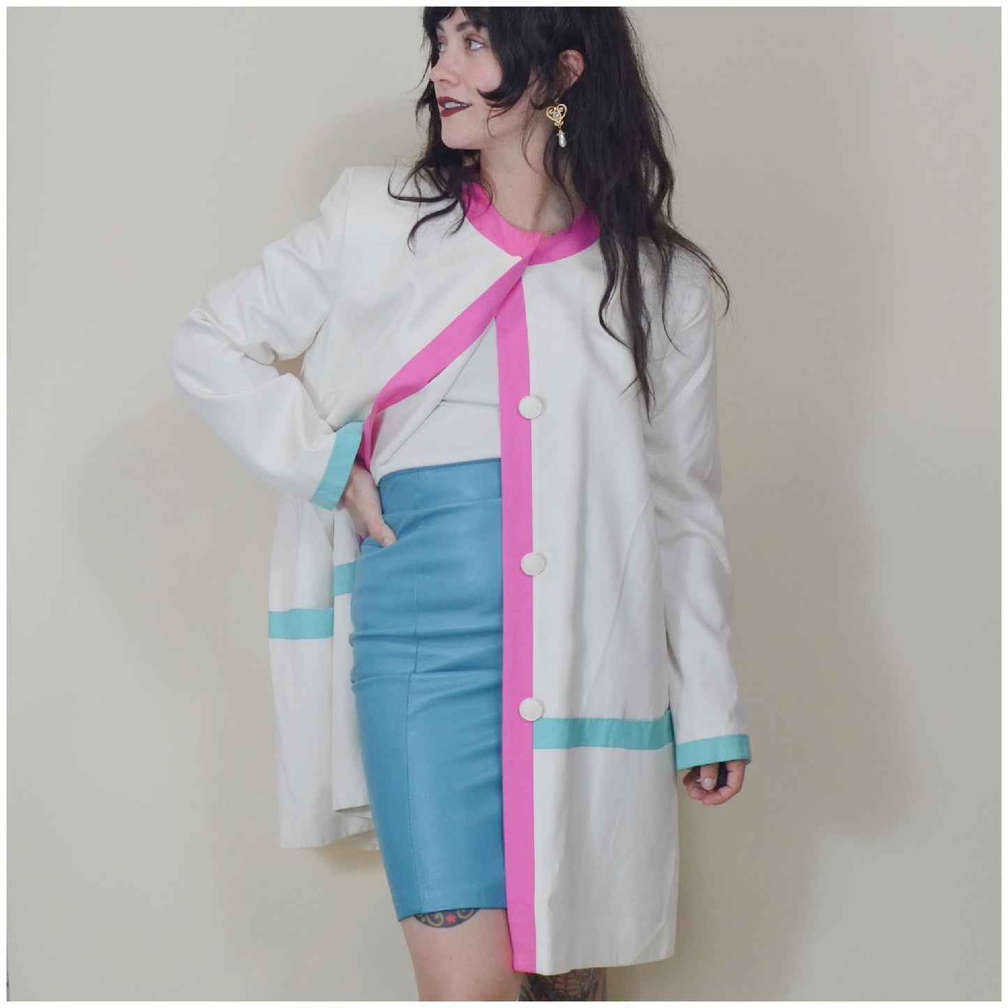 Large 1980s LILLI ANN Cotton Jacket Vintage 80s Colorblock Long Coat