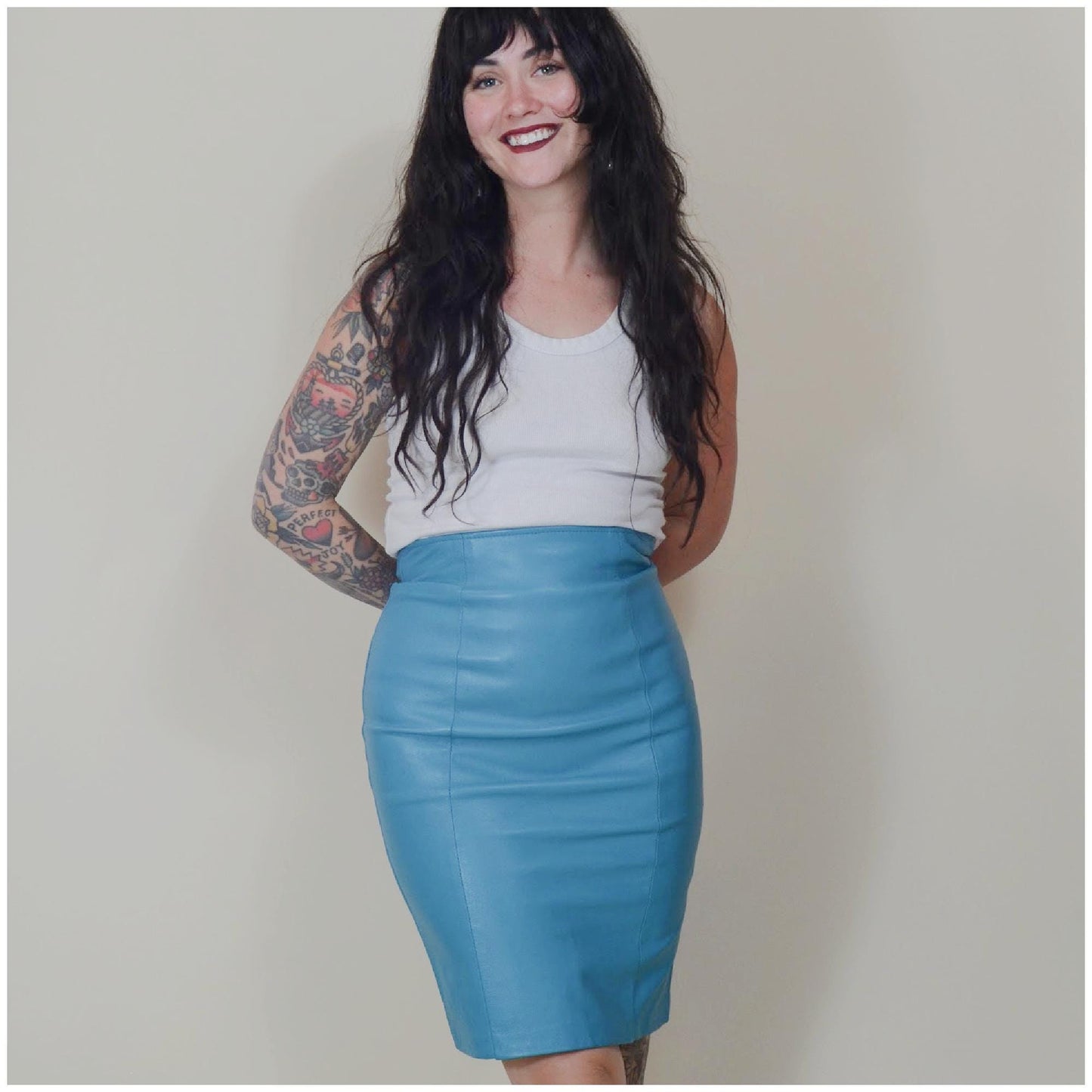 24 waist Fitted Leather Skirt Vintage 90s Coloured Leather Tight Leather Mini Skirt