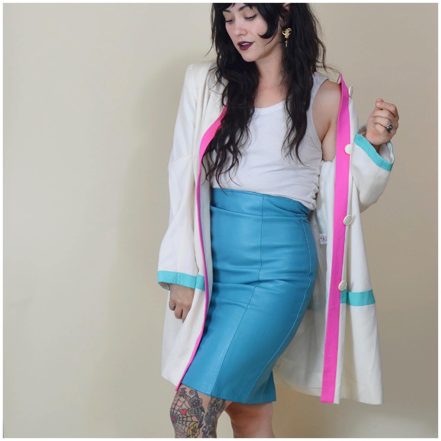 24 waist Fitted Leather Skirt Vintage 90s Coloured Leather Tight Leather Mini Skirt