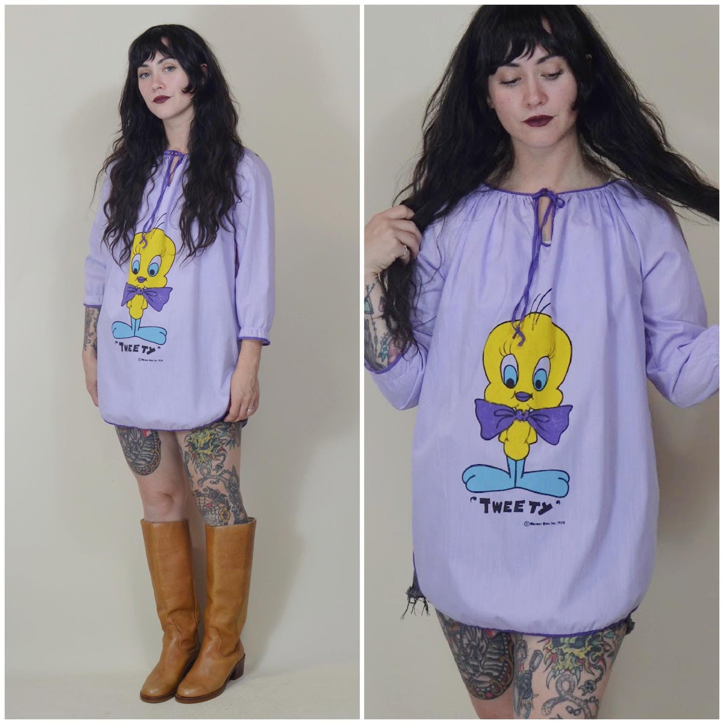 xs 1970s TWEETY BIRD Vintage mini dress 70s