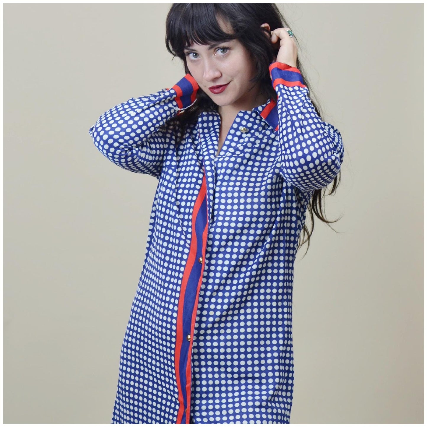 medium 1960s Vintage Shift Dress 60s Button Down Blue and Red Midi Dress POLKA DOT
