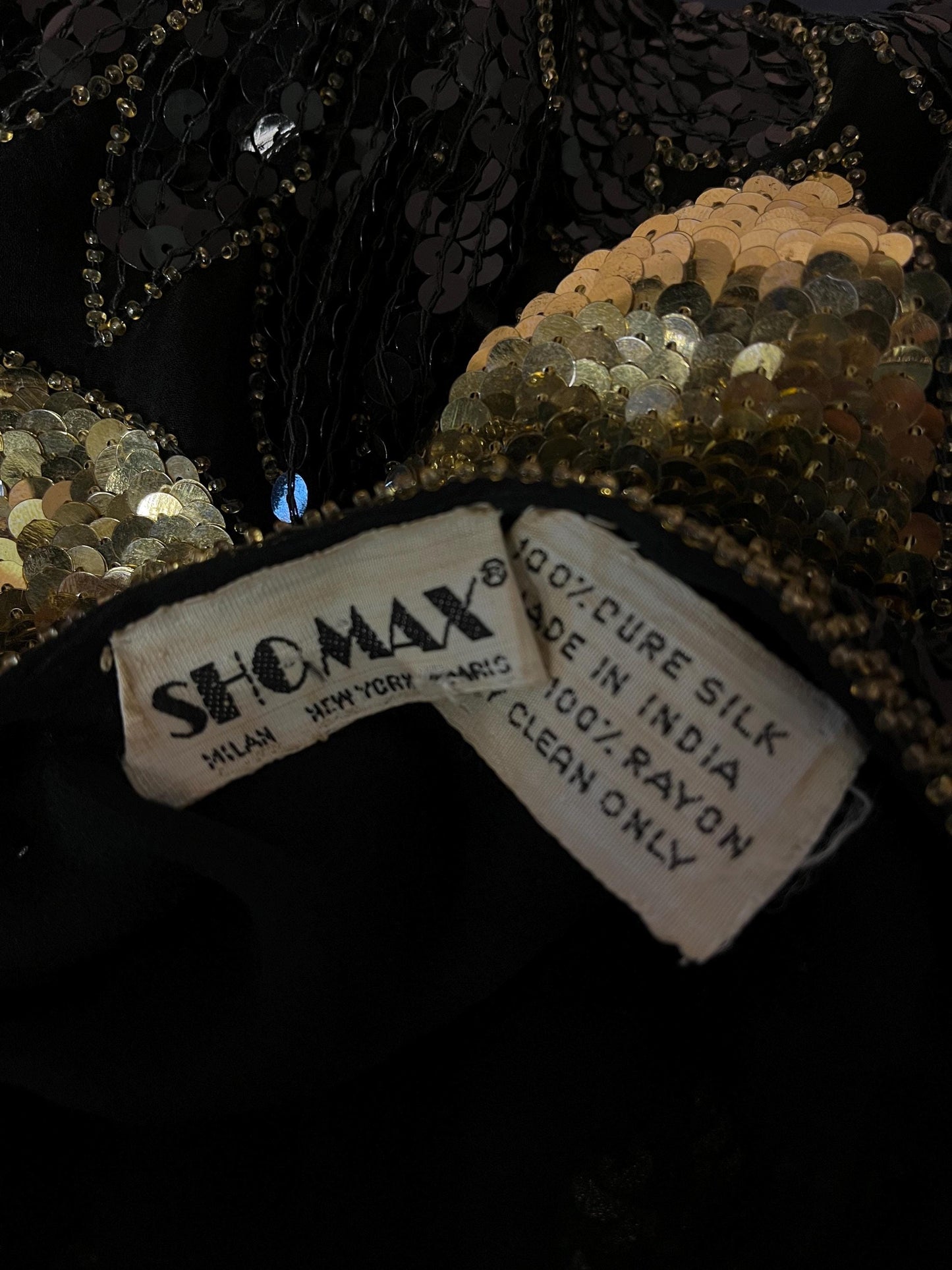 S-M 1970s DISCO Butterfly Blouse Silk Black and Gold Sequin Top Vintage Dancing