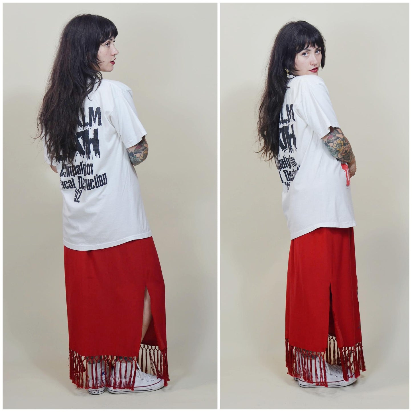 30 waist SILK Vintage Red Maxi Skirt with EMVROIDERY and FRINGE 90s Clio Brand