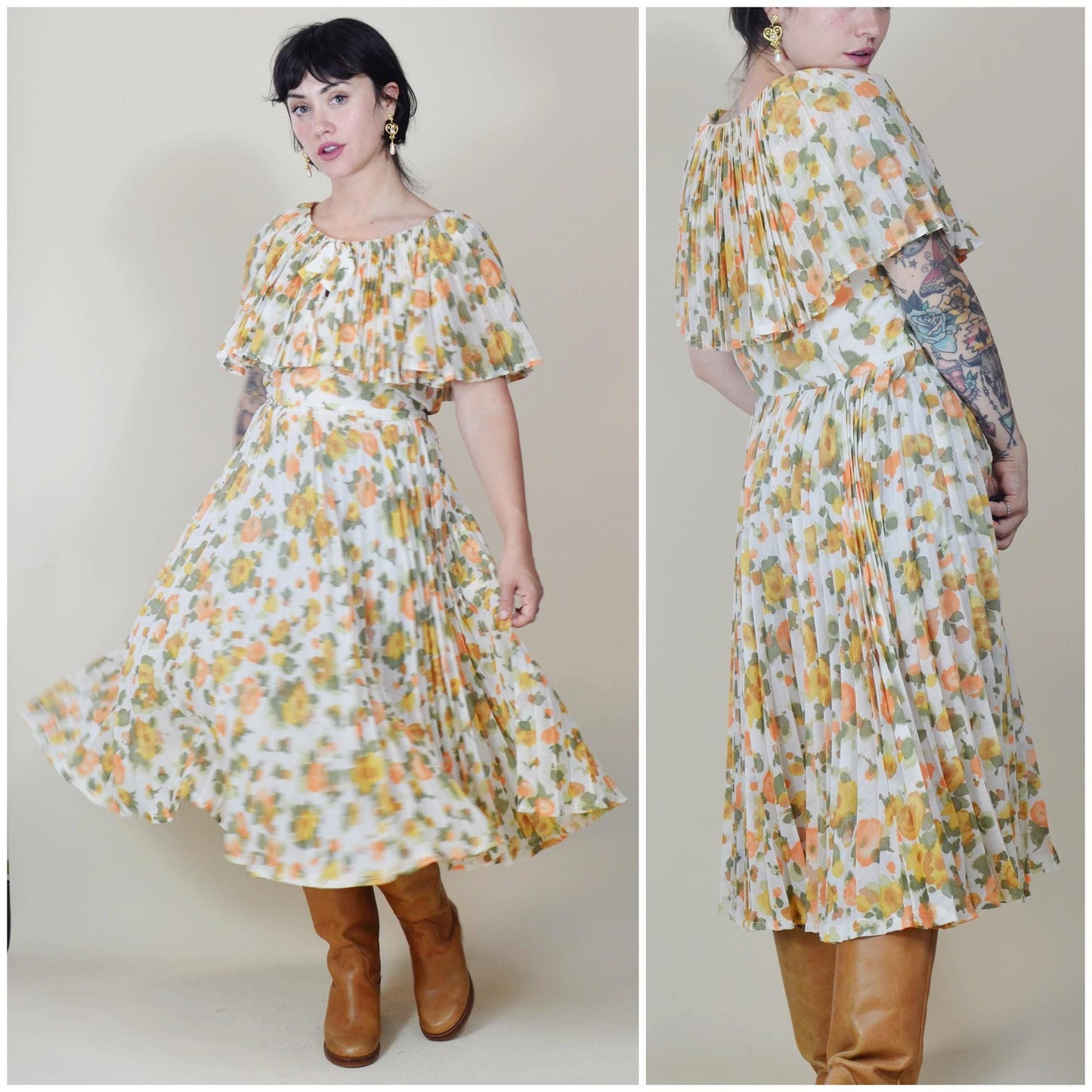 28 waist VINTAGE 1970s Pleated Floral Dress Autumn Fall Colours