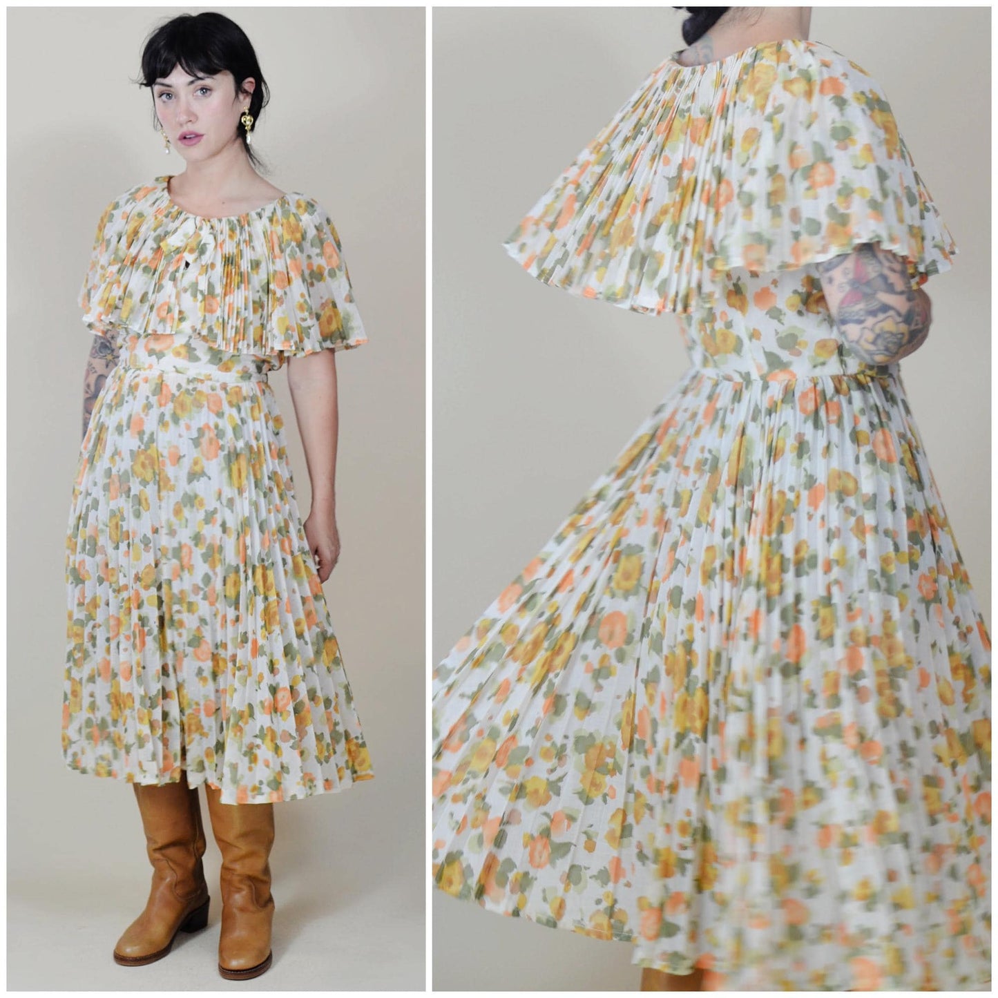 28 waist VINTAGE 1970s Pleated Floral Dress Autumn Fall Colours
