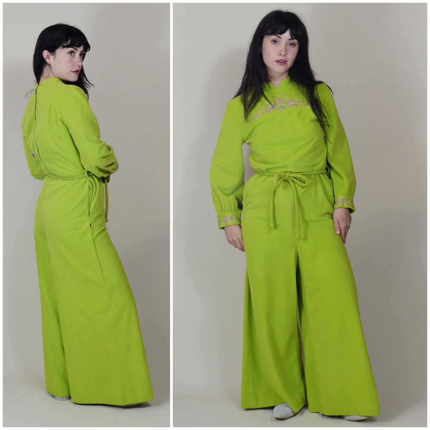 medium 1960s Lime Green Jumpsuit Vintage Wide Leg Loungewear 60s Vintage Bold Outfit