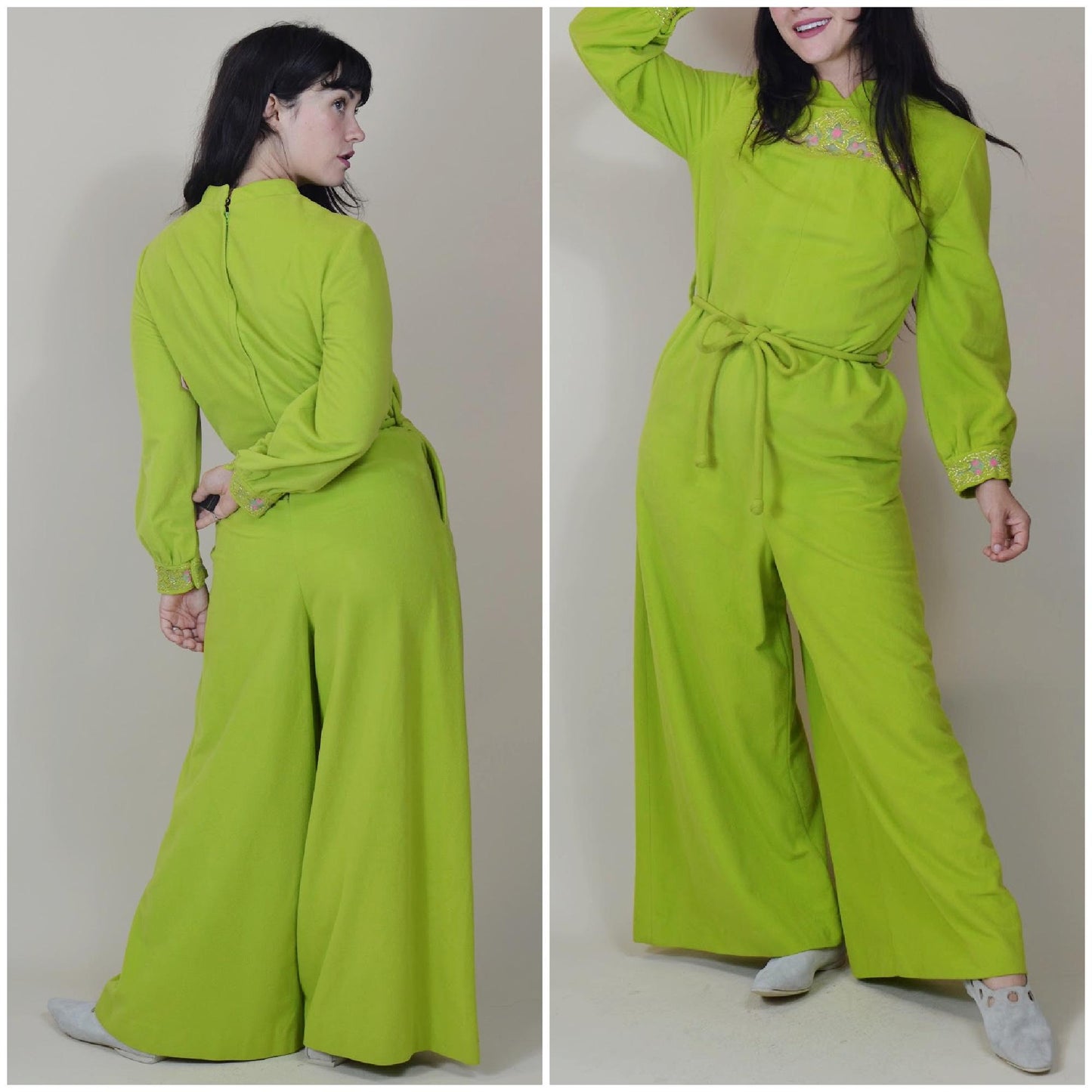 medium 1960s Lime Green Jumpsuit Vintage Wide Leg Loungewear 60s Vintage Bold Outfit