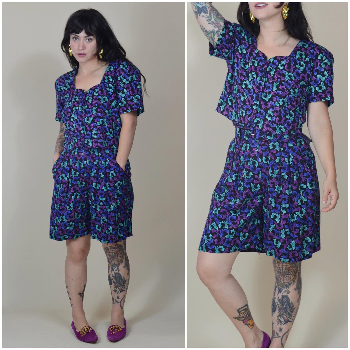medium 1990s Two Piece Set vintage teal and purple 2-piece wide leg shorts crop blouse