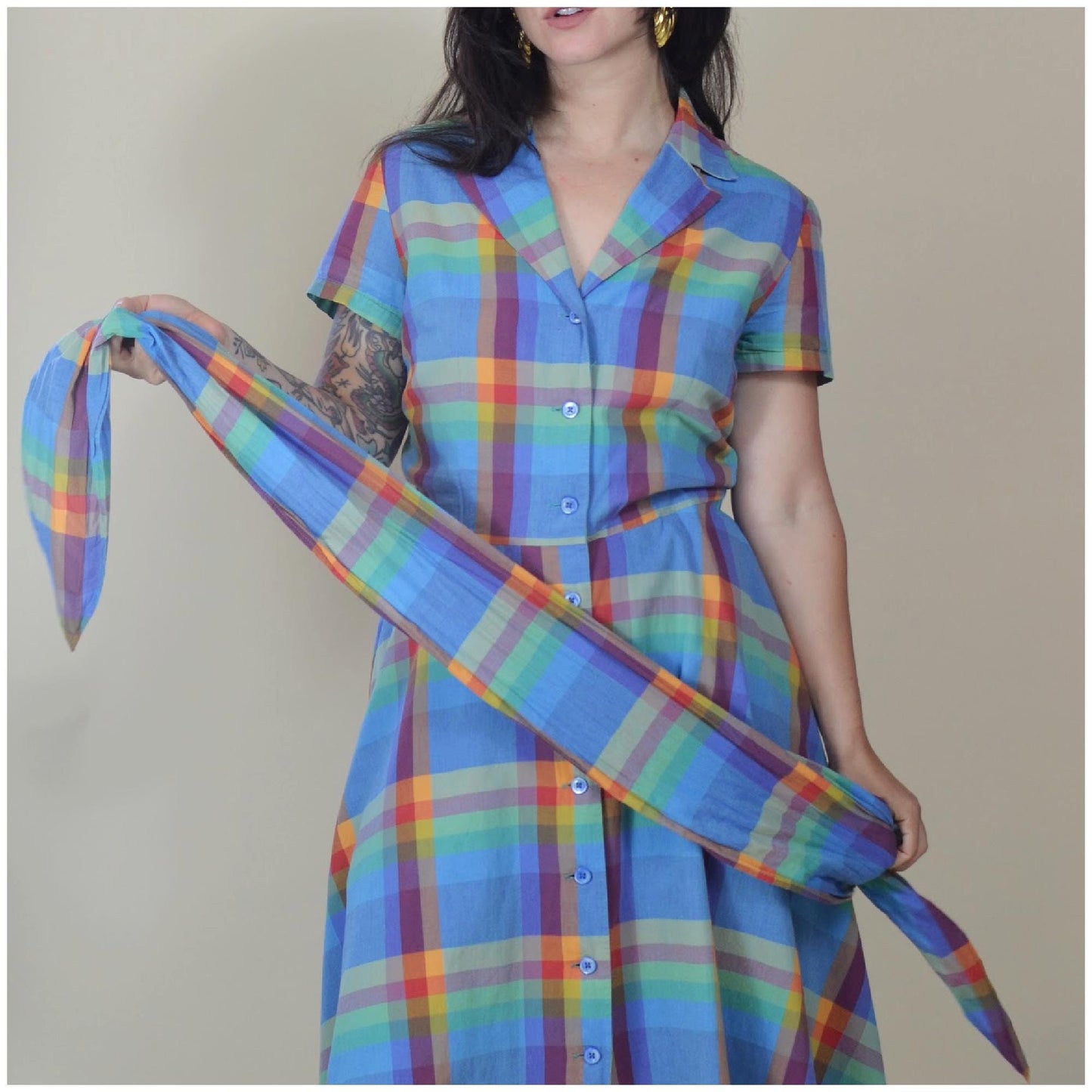 medium - 1990s COTTON Plaid Button Down Dress Wide Belt Full Skirt 90s Sundress