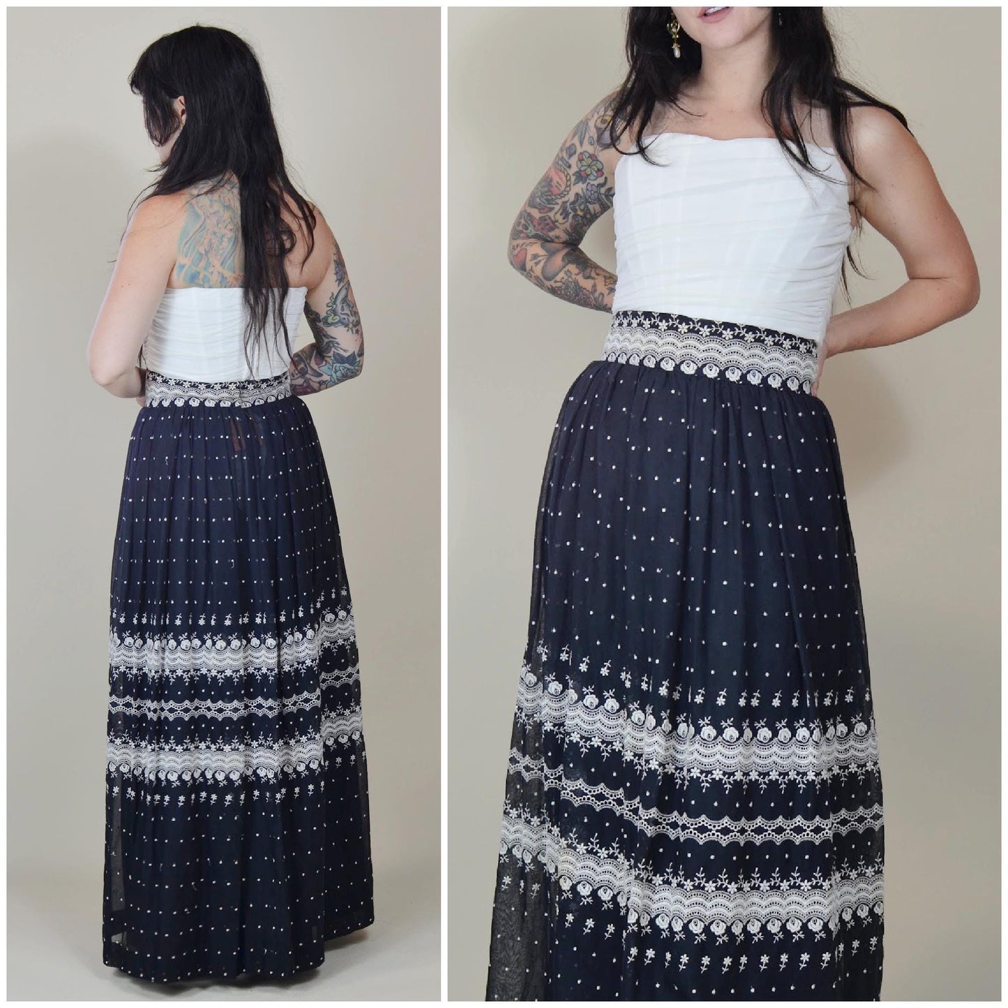 28 waist 1970s BILL TICE Vintage Maxi Skirt 70s Vintage Embroidered Full Skirt