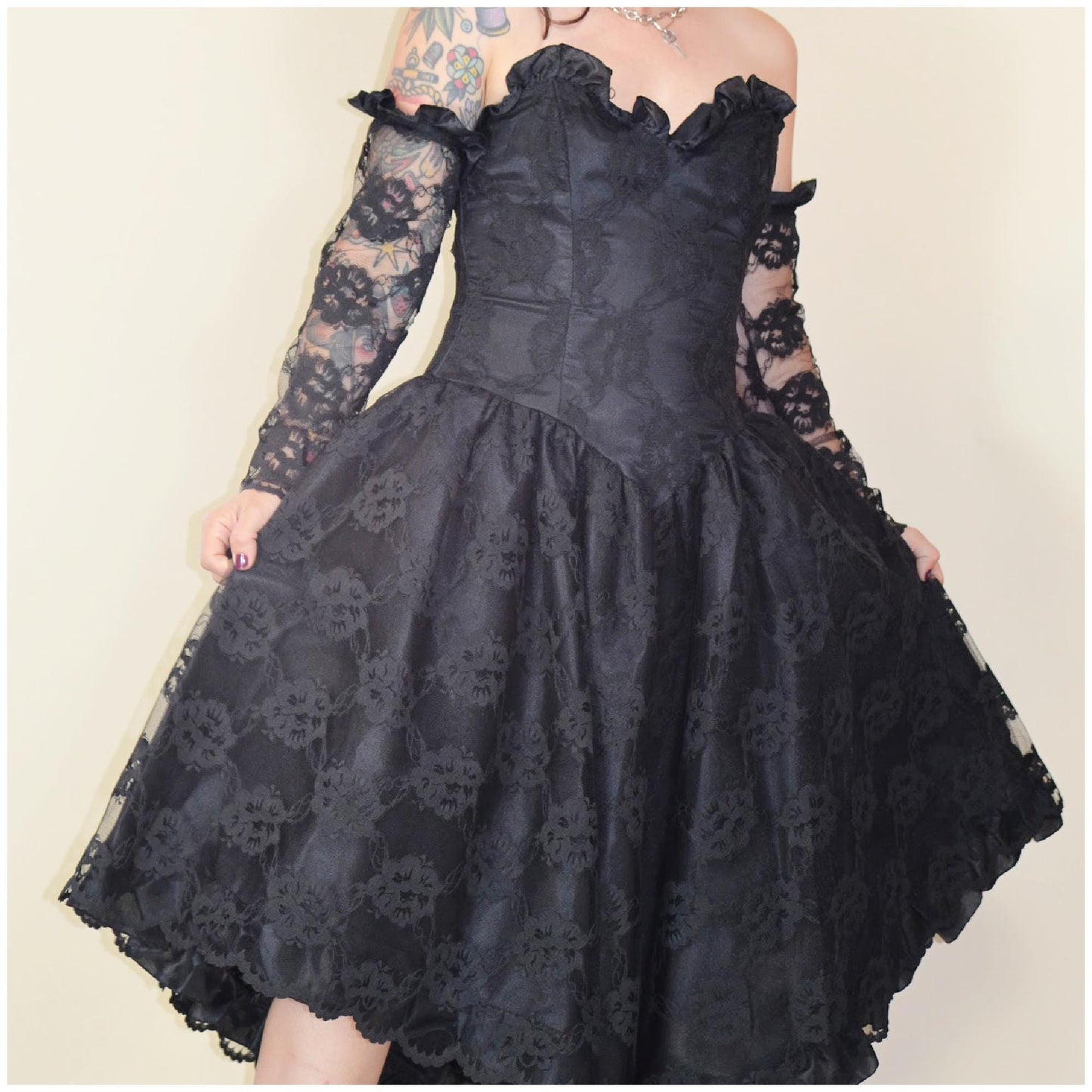 xs NEW LEAF 1980s Gothic Strapless Dress vintage goth 80s lace with gloves